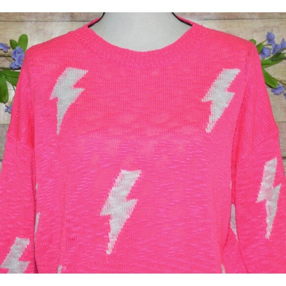 ee:some Ladies L Neon Pink Pullover Knit Sweater Size L Lightning Bolts Novelty - Picture 2 of 9